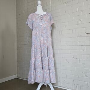 ​In Loom Floral Tiered Maxi Dress ┃Pastel Cottagecore Boho Smock Dress┃ Medium